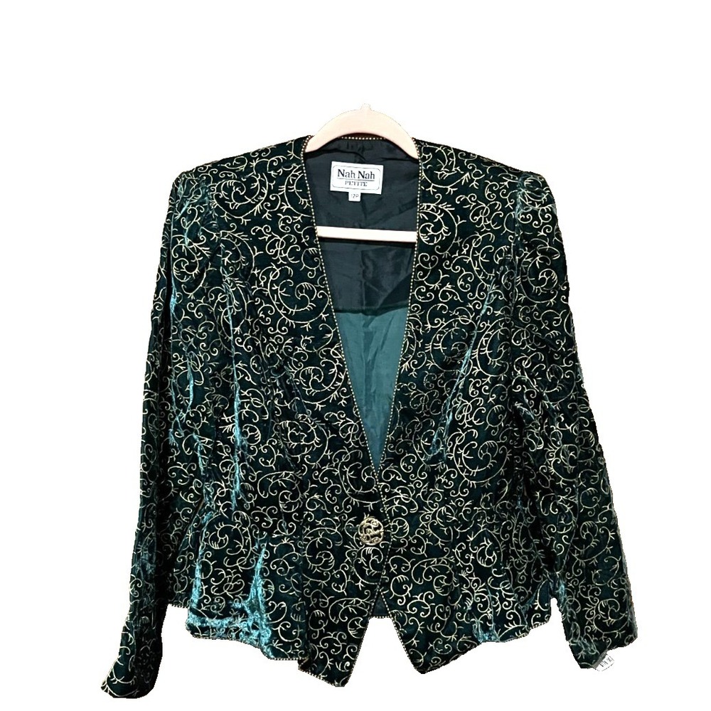 Nah Nah Petite Vintage Blazer Green Velvet Gold Embroidered Paisley‎ Design 12P
